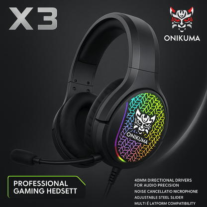 Audífonos Gaming Onikuma X3 RGB con micrófono desmontable y drivers de 40mm, compatibles con PS4, PC y Xbox.