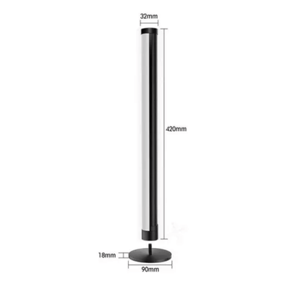 Barra de luz LED RGB de 420mm de altura con base negra y dimensiones detalladas.